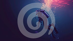 A photographer takes a picture of a scuba diver underwater, holding the rope, looking at a big logo diving club. A