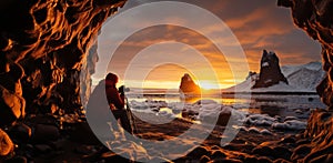 photographer taking photo in the ice cave in easter island, lapland photo