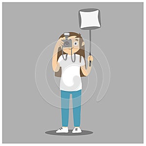 Photographer taking photo with softbox. Vector cartoon woman taking picture and holding lightbox.