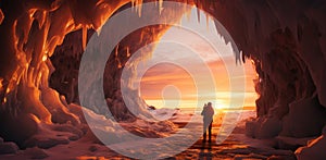 photographer taking photo of sun setting behind some ice cavern photo