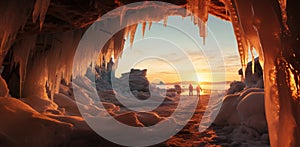 photographer taking photo of sun setting behind some ice cavern photo