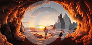 photographer taking photo of sun setting behind some ice cavern photo