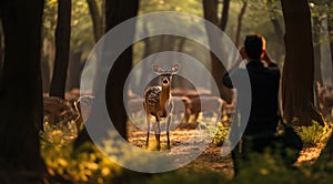 Photographer taking photo of wildlife, man with camera and deers in the nature