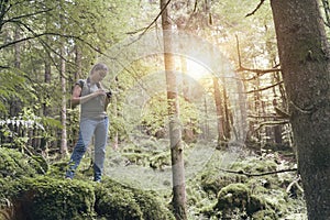 Photographer taking pictures in the forest