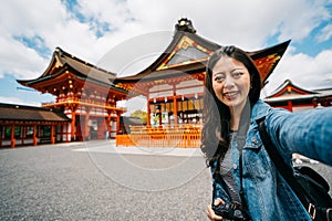 Photographer taking selfie with Japanese temple