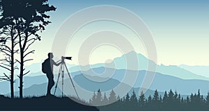 Photographer from a tripod photographs the landscape of nature. Forest trees mountains. Silhouette vector illustration