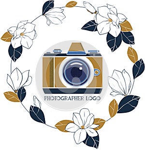 Photographer vector illustration with vintage photo camera and wreath of magnolia flowers. Design element for logotype, label, bad