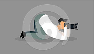 Photographer at work flat vector illustration. Paparazzi, reporter with camera waiting for perfect shot, exclusive photo. Private