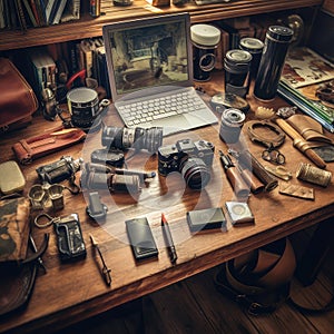 Photographer work space with digital camera, laptop, lenses, cup of tea, coffee and different accessories on wooden