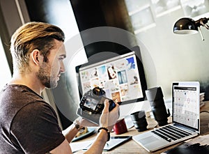 Photographer Working Checking Photo Concept