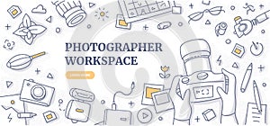 Photographer Workspace Doodle Background Concept