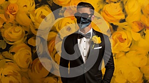Photographer In Yellow Suit With Mask In Front Of Painting photo
