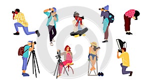 Photographers. Cartoon characters with professional cameras in different poses taking pictures. Vector journalists and