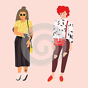 Photographers and cartoon fashion models. Photo studio. Fashionable female outfits. Stylish girls set. Standing women in