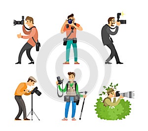 Photographers with Digital Cameras and Tripods Set