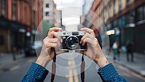 Photographers Hands Adjusting Vintage Camera Blurred Urban Background photo