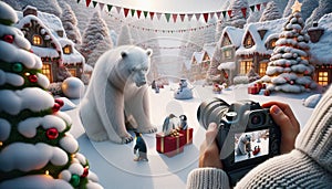 Photographers hands holding a camera and taking pictures of a big polar bear with playful penguins in Christmas decorated village