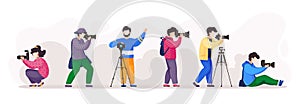 Photographers or paparazzi with photocamera taking photo from different poses, using tripod