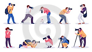 Photographers. Professional cartoon people with cameras shooting photos with tripods and from hands. Vector paparazzi