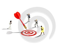 Photographers taking photograph red dart hit target on dartboard isolated on white background.