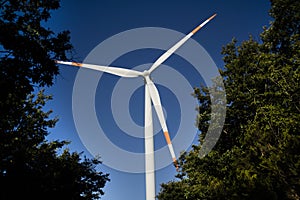 Photographic documentation of a wind turbine in the forest