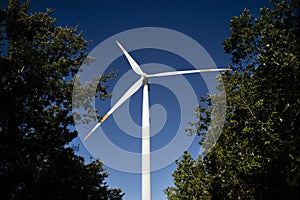 Photographic documentation of a wind turbine in the forest