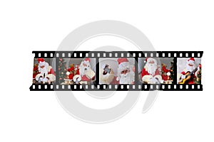 Photographic film, frames with photos of two men, collage on santa claus in red suit, concept of christmas, waiting for gifts,