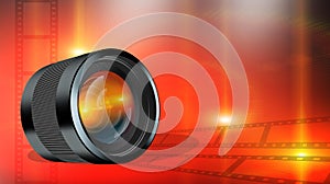 Photographic lens on abstract red background