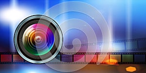 Photographic lens and film strip on abstract background