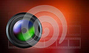 Photographic lens on red background