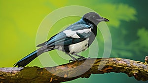 Photographic Style: Black And White Magpie On Wood Branch