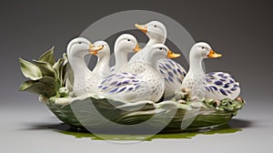 Photographically Detailed Ceramic Duck Family In Playful Pond Installation