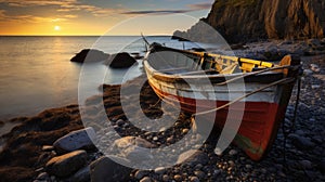 Photographically Detailed Coastal Landscapes With Red And White Boat