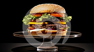 Photographically Detailed Portrait Of An Oversized Burger On Glass Plate