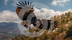 Photographically Detailed Portrait Of Turkey In Flight With Stunning Mountain Background