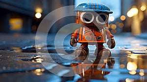 Photographically Detailed Toy Robot Portraitures On Rainy Streets
