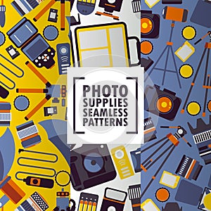 Photography accessory icons on seamless pattern, vector illustration. Photo equipment store, professional supply shop