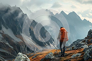 Photography of an adventurous solo traveler backpacking in a scenic mountain landscape.GenerativeAI.