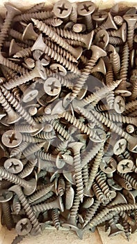 a photography of a box of screws and nuts on a table