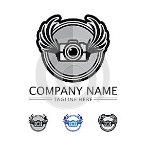 photography camera logo icon vector design template isolated on black background