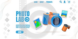 Photography camera. Photo lab landing page. 3D snapshot and reels. Website design template. Realistic photographic