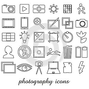 Photography and camera theme black simple outline icons set eps10