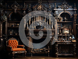 a photography of classical wooden library, insane detail AI generative