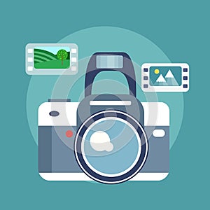 Photography concept. Camera and photos. Flat illustration.