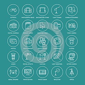 Photography equipment flat line icons.