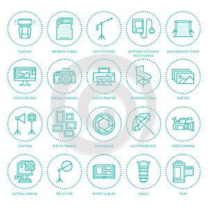 Photography equipment flat line icons. Digital camera, photos, lighting, video cameras, photo accessories, memory card