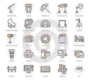 Photography equipment flat line icons. Digital camera, photos, lighting, video cameras, photo accessories, memory card