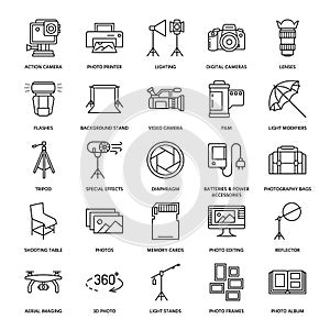 Photography equipment flat line icons. Digital camera, photos, lighting, video cameras, photo accessories, memory card