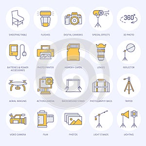 Photography equipment flat line icons. Digital camera, photos, lighting, video cameras, photo accessories, memory card