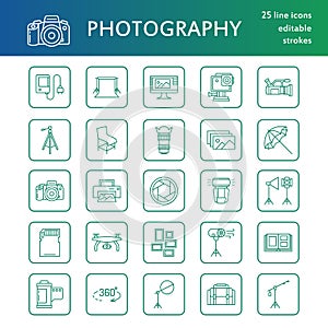 Photography equipment flat line icons. Digital camera, photos, lighting, video cameras, photo accessories, memory card